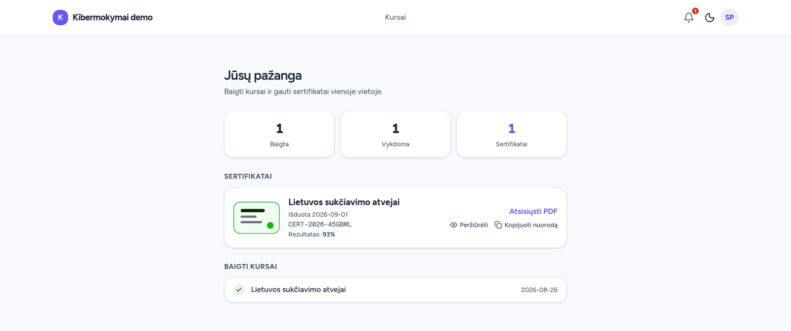 Darbuotojo sertifikatų sąrašas su serijos numeriais